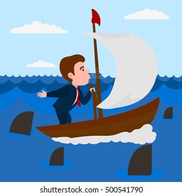 Businessman blowing into the sail boat. Metaphor of business. Comic cartoon vector illustration.