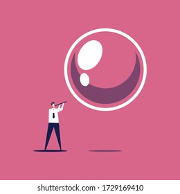 Businessman blowing a soap bubble. Concept of an economic bubble. Vector illustration.