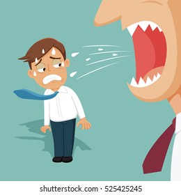 Businessman with blowing tie being battered by boss screaming, vector illustration cartoon