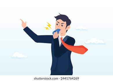 Businessman blowing the whistle out load while pointing signal to tell other people, business whistleblower the misconduct inside person to illegally disclose information to public (Vector)