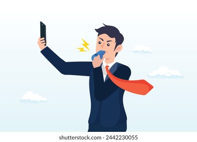 Businessman blowing whistle showing red card to ban or stop wrong, corruption employee, business banned, violation or break the rule, penalty, judge or punishment cause of failure or problem (Vector)