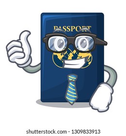 Businessman blue passport above character wooden table