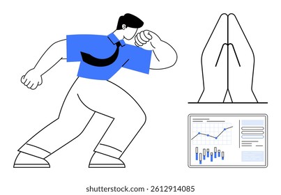 Businessman in blue shirt making a fist next to praying hands symbol and projected financial statistics. Ideal for business confidence, financial analysis, faith in success, motivation, achievement