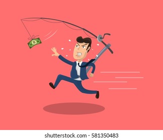 Businessman in blue suit chasing money running after a dollar bill that hangs from a fishing rod.