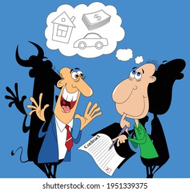 Businessman in blue suit cheating on client, illustration