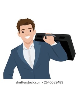 Businessman in a blue suit confidently carries a briefcase over his shoulder. Flat vector illustration isolated on white background