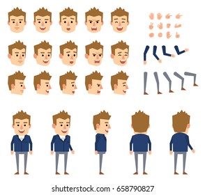 Businessman in blue suit creation set. Various gestures, emotions, diverse poses, views. Create your own pose, animation. Flat style vector illustration