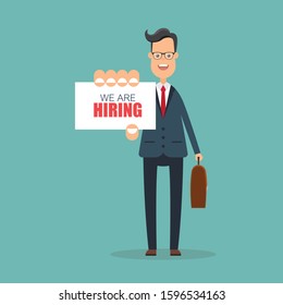 Businessman in blue suit hold we are hiring card on his hand. Vector illustration in flat design.