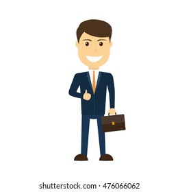 Businessman in blue suit holding briefcase. Vector illustration. Flat style