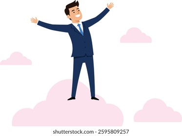 A businessman in a blue suit joyfully stands atop soft pink clouds, arms raised in celebration, symbolizing triumph and positivity in a whimsical atmosphere.