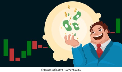 Businessman Blue Suit. Money Float In The Hand. He Looks Like A Financial Wizard. Candle Graph Background. Flat Design Cartoon 