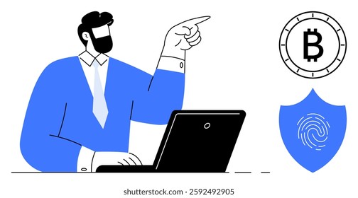 Businessman in a blue suit pointing at bitcoin and fingerprint shield icons near his laptop. Ideal for finance, cryptocurrency, technology, security, digital transactions, financial advice