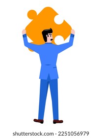 Businessman in blue suit standing with puzzle piece isolated over white background. Concept of business, career development, ambitions, innovative strategy. Copy space for ad