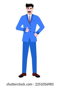 Businessman in blue suit standing, showing positive gesture of approval with hand over white background. Concept of business, career development, ambitions, innovative strategy. Copy space for ad