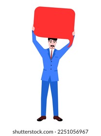 Businessman in blue suit standing with speech bubble with blank space for text isolated on white background. Concept of business, career development, ambitions, innovative strategy. Copy space for ad