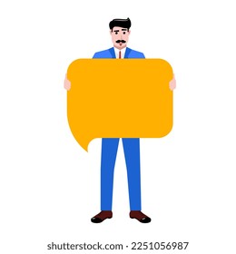 Businessman in blue suit standing with speech bubble with blank space for text isolated on white background. Concept of business, career development, ambitions, innovative strategy. Copy space for ad
