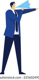 Businessman in a blue suit and tie speaking into a megaphone while pointing with an index finger, confidently directing attention and conveying an important message