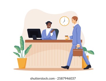 A businessman in a blue suit walks into an office lobby holding a coffee and briefcase while greeting a smiling receptionist behind the desk. Office environment concept. Vector illustration