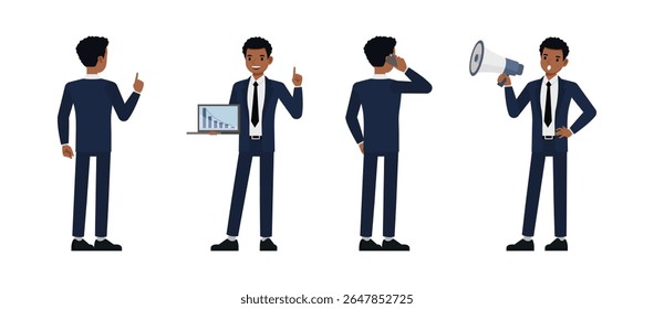 Businessman in Blue Suit Working in Office – Flat Vector Character Set in Various Poses.