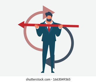 Businessman in blue suite and red arrow with business strategy concept ,Leader in carry mode idea with flat design,office man and Business growth vector art with minimal style on plan to success.