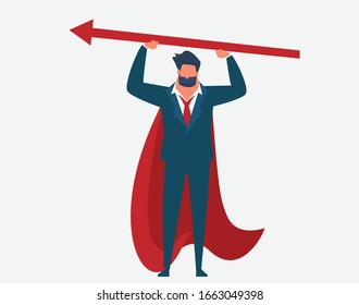 Businessman in blue suite and red arrow with business strategy concept ,Leader in carry mode idea with flat design,office man and Business growth vector art with minimal style on plan to success.