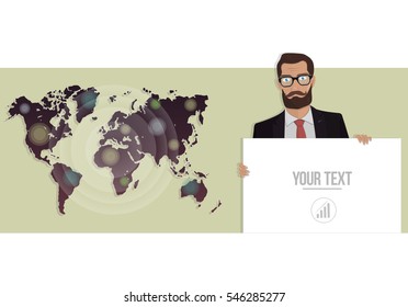Businessman with a board and map of the world. Vector illustration for website.
