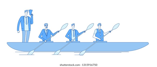 Businessman in boat. Business captain leader people team rowers rowing in waves mission vision teamwork line business vector concept