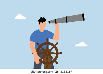 o capitão do barco dirigindo o leme com visão telescópica.