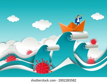 Businessman in boat looking through telescope on the top of ocean wave during crisis caused by corona virus pandemic, vector paper cut illustration. Pandemic business strategy, vision, success.