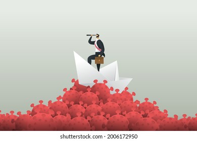 Businessman in boat looking through telescope on forward Overcome corona virus crisis-Business leadership concept Pandemic business strategy, vision, success. illustration Vector