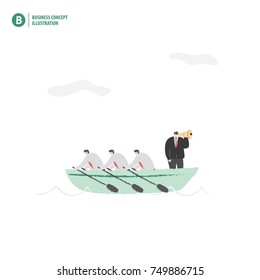 Businessman with a boat in the ocean meaning teamwork and vision of leader on white background illustration vector. Business concept.