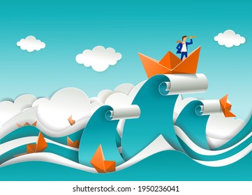 Businessman in boat on the top of ocean wave, vector illustration in paper art style. Business leader looking through telescope. Drowning in water paper boats. Business strategy, vision, success.