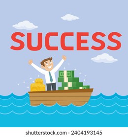 Businessman in a boat to success mission. illustration vector cartoon.