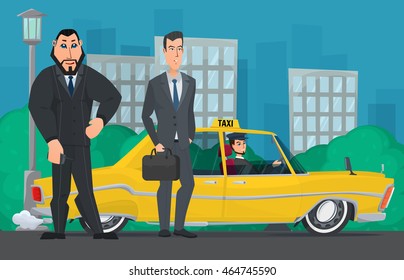 businessman and the bodyguard standing near a taxi on a city street vector illustration flat design.