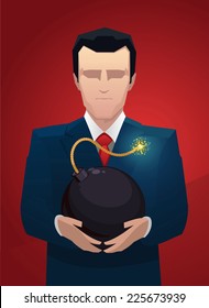 Businessman with a bomb between hands vector illustration.