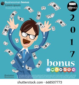 Businessman bonus -  bank notes  with background  blue, 2017  bonus text, icon. -  modern Idea and Concept Vector illustration Business Infographic.