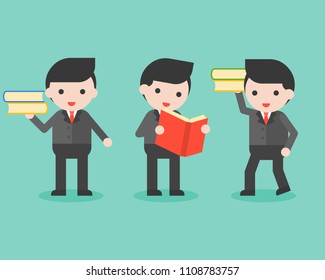 Businessman with book, business character ready to use wisdom concept flat design