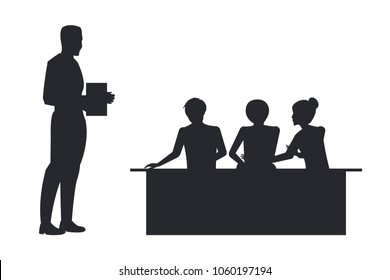 Businessman with book side view and people sitting at desk, listening to him on conference, vector illustration isolated on white background