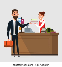 Businessman in bookstore flat vector illustration. Store customer and cheerful cashier, seller cartoon characters. Young man buying, returning books. Literature sale business, bookshop interior