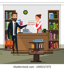 Businessman in bookstore flat vector illustration. Store customer and cheerful cashier, seller cartoon characters. Young man buying, returning books. Literature sale business, bookshop interior