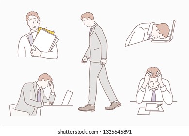 Businessman bored tired exhausted sleeping in the office scene Set. Humor office life. Hand drawn style vector design illustrations.