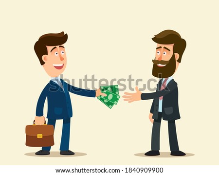Businessman borrow money to a friend. The boss pays the employee a salary, gives him dollar bills in his hand. Business vector illustration, flat design, cartoon style, isolated background.