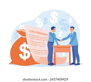 Businessman borrows money from banks. Shake hands after signing a loan agreement. Approved Loan concept. Flat vector illustration.