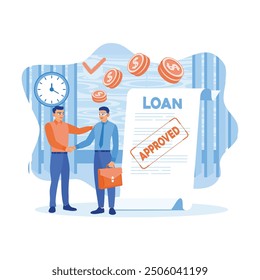 Businessman borrows money from banks. Businessman shaking hands with the bank after signing loan agreement. Approved Loan concept. Flat vector illustration.