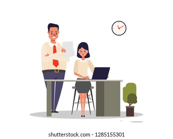 Businessman in Boss assign job to businesswoman. Office worker scene.