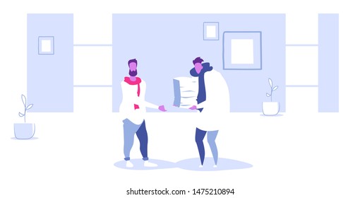 businessman boss carrying stack of paper documents to overworked business man employee paperwork deadline concept modern office interior sketch doodle horizontal full length