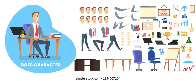 Businessman boss character in suit set for animation with various views, hairstyle, emotion, pose and gesture. Different office equipment. Isolated flat vector illustration