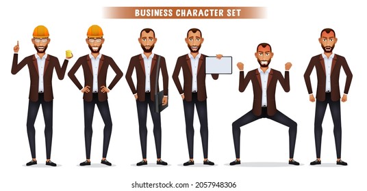 Businessman boss character vector set. Business man engineer employee characters with hard hat isolated in white background for manager job worker collection design. Vector illustration.

