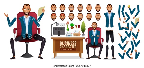 Businessman boss creation kit vector set. Business man creator office characters in editable standing and sitting pose with arms and head body parts for cartoon employee design. Vector illustration.
