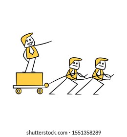 businessman boss and employee pulling trolley for bureaucracy concept, doodle stick figure 